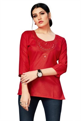 ALNOZY Casual 3/4 Sleeve Embellished, Embroidered Women Red Top