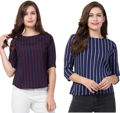 3SIX5 Casual 3/4 Sleeve Striped Women Multicolor Top