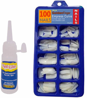 Gleevia Imported Best Quality Artificial Gold Finger Empress Curve 100 Tips Fake Nails with 3gm Super Nail Glue White(Pack of 100)