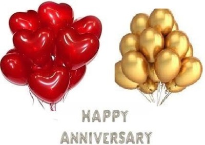 StyleonNation Outright Solid Mettalic Golden Party Balloons + Red Heart Shaped Party Balloons Combo Pack of 100 and HAPPY ANNIVERSARY Silver Ballons Pack of 16 Alphabets Letter Balloon(Red, Gold, Silver, Pack of 116)