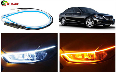 Selifaur 2 Pcs 24 Inch Ultrafine Waterproof Car DRL LED Daytime Running Lights White Turn Signal Yellow Guide Strip Headlight Assembly For Benz E CLASS Car Fancy Lights(White, Yellow)