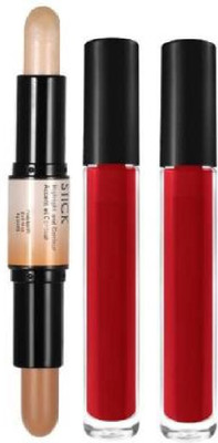 BTNT PERFECT PROFESSIONAL SERIES HIGHLIGHTER & CONTOUR STICK WITH SUPER MATTE FINISH LIQUID RED LIPSTICK(3 Items in the set)