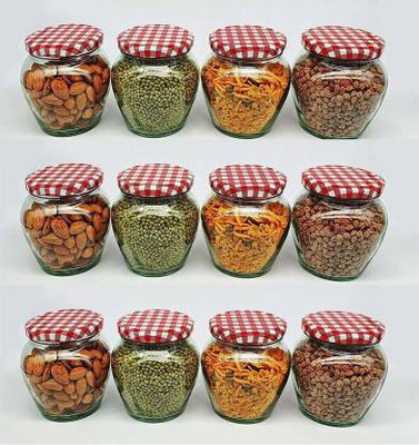 Sitaram Creation Glass Grocery Container  - 400 ml(Pack of 12, Red)