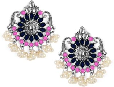 RUBANS Rubans Silver Plated Blue Enamel Handpainted Floral Inspired with Pearls Stud Earrings Alloy Stud Earring