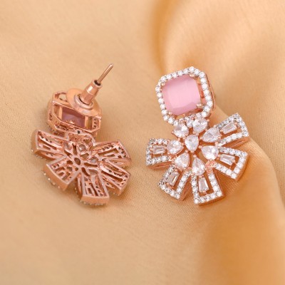 SARAF RS JEWELLERY Exquisite Rose Quartz Floral design pink earrings Rose gold plated American Diamond studded for Women & Girls Cubic Zirconia Brass Stud Earring