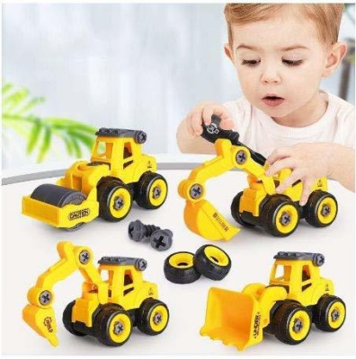 Extrawish Pull Back Construction Vehicles Set, 4 Pack DIY Take Apart Toys Construction Trucks with 1 Screwdriver Tools, Kids Building Cars Birthday for Boys Toddlers 3,4,5,6,7 Year Olds(Yellow, Grey, Pack of: 4)