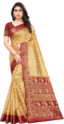 BHUVA BROTHERS Woven Kanjivaram Cotton Silk Saree(Cream)