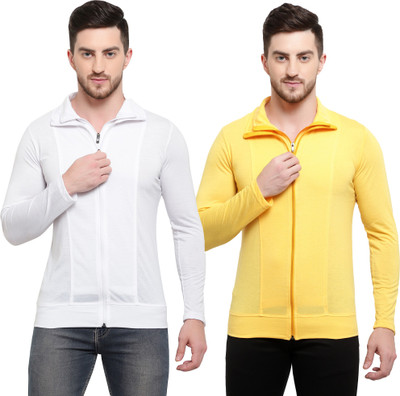 Adorbs Solid Men Polo Neck White, Yellow T-Shirt