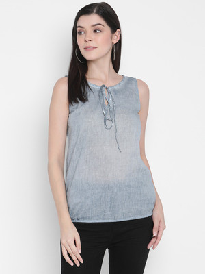 Porsorte Casual Sleeveless Solid Women Blue Top