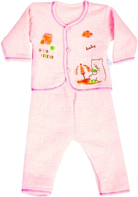 ICABLE Kids Nightwear Girls Printed, Self Design Polyester Blend, Cotton Blend(Pink Pack of 1)