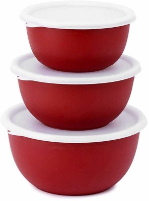 Brigo Stainless Steel, Plastic Serving Bowl Microwave Safe Stainless Steel Plastic Coated Euro Bowl (Red, 450 ml, 700 ml, 1200 ml) - Set of 3(Pack of 3, Red)