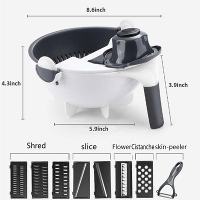 Akshar collection 9 in 1 Bowl Slicer Multi Function Rotate Vegetable Cutter with Drain Basket Large Capacity Chopper Portable Slicer Kitchen Tool, Multi Color Vegetable & Fruit Chopper(1X9 IN 1 CUTTER BOWL)
