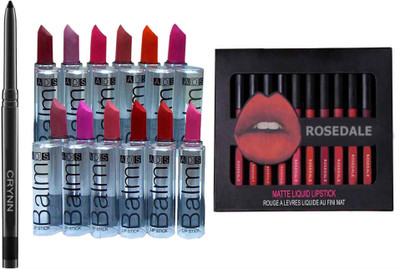 Crynn Smudge Proof HDA64 Makeup Beauty Kajal & ADS 12 Balm Matte Lipstick & Rosedale Set of 12 Liquid Matte Lipstick(25 Items in the set)
