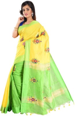 sourav biswas Self Design, Solid/Plain Handloom Viscose Rayon, Cotton Silk Saree(Green, Yellow)