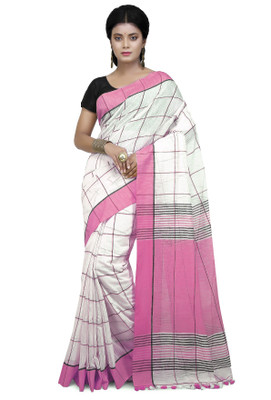 Mystory Woven Handloom Cotton Blend Saree(White, Pink)