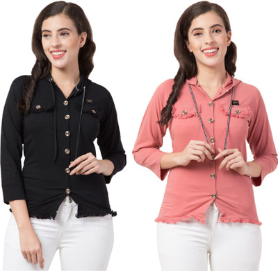 FASHIONZILLA Women Self Design Party Pink, Black Shirt(Pack of 2)