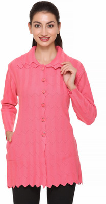 eWools Self Design Collared Neck Casual Women Pink Sweater