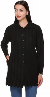 eWools Self Design Collared Neck Casual Women Black Sweater