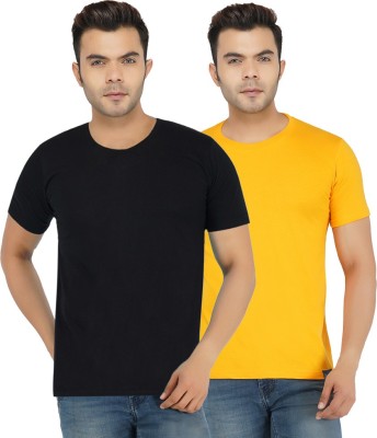 JP VENTURE Solid Men Round Neck Black, Yellow T-Shirt