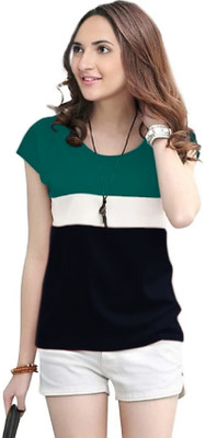 SMD Enterprise Colorblock Women Round Neck White, Green, Black T-Shirt