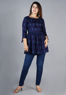 KAMDEV Casual 3/4 Sleeve Printed Women Blue Top