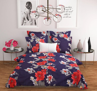 DecorSolution 240 TC Polyester Double Floral Flat Bedsheet(Pack of 1, Blue)