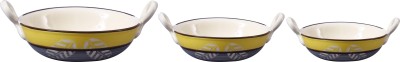 caffeine Ceramic Serving Bowl Handmade Yellow & Grey Leaf Print Serving Kadhai(Pack of 3, Multicolor)