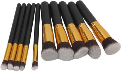 Miss Hot Black and Golden Wooden Handle and Aluminium Tube and Fiber Bristle Makeup Brushes -Set of 10 Pieces(Pack of 10)