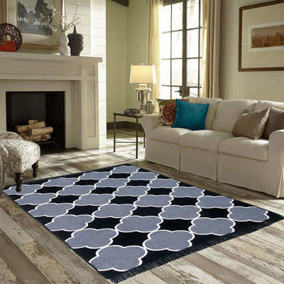 Sparrow world Grey, Black Chenille Carpet(7 ft,  X 5 ft, Rectangle)