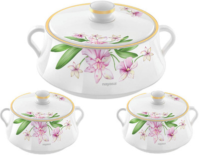 NAYASA Lorenzo Small Set White Pack of 3 Thermoware Casserole Set(500 ml, 1000 ml, 1500 ml)
