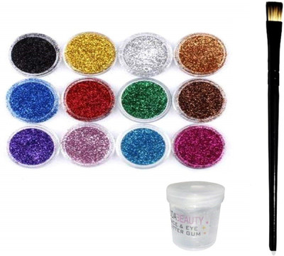 Red Ballons Multi Colors Eye Dry Thick Shimmer Glitters - Pack Of 12 Pcs With Eye Glue/Gum And Applicator Brush(14 Items in the set)