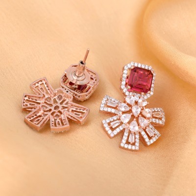 SARAF RS JEWELLERY Exquisite Ruby Floral design earrings Rose gold plated American Diamond studded for Women & Girls Cubic Zirconia Brass Stud Earring
