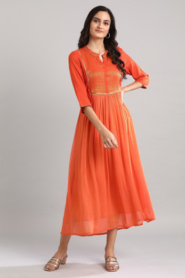 Aurelia Women A-line Orange Ankle Length Dress