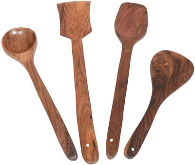 manzees Handmade Wooden Spoon Set of 4 and Cooking Spoon Kitchen Tools for Non Stick Serving Kitchen Tool Set(Brown, Cooking Spoon)