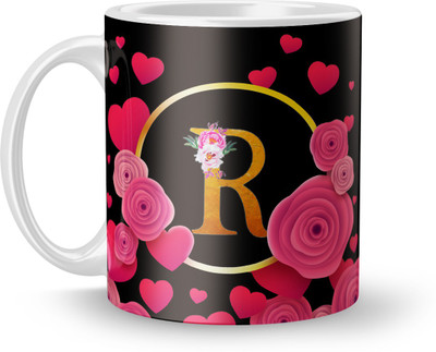 Plakasha creations Letter R Pink Floral Background Design Printed. Ceramic Coffee Mug(310 ml)