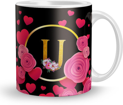 Fifth and Moon Letter U Pink Floral Background Design Printed. Ceramic Coffee Mug(310 ml)