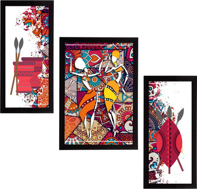 eCraftIndia Set of 3 Tribal Theme Satin Matt Textured UV Art Ink 76.2 cm x 35.6 cm Painting(With Frame, Pack of 3)