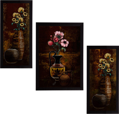 eCraftIndia Set of 3 Botanical and Floral Satin Matt Textured UV Art Ink 14 inch x 30 inch Painting(With Frame)