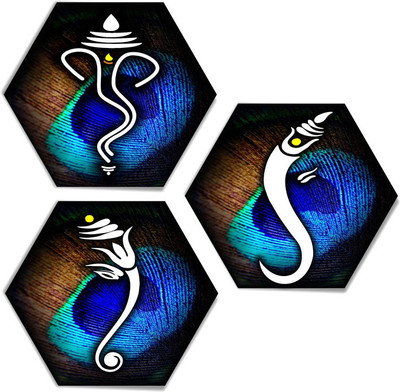 saf Set of 3 Hexagon Ganesha UV Textured Home Decorative Gift item Self adeshive Digital Reprint 17 inch x 17 inch Painting(Without Frame, Pack of 3)