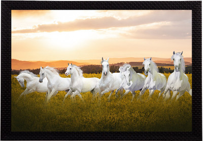 eCraftIndia 7 Lucky Running Horses Satin Matt Textured UV Art Ink 10 inch x 14 inch Painting(With Frame)