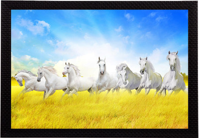 eCraftIndia 7 Lucky Running Horses Satin Matt Textured UV Art Ink 10 inch x 14 inch Painting(With Frame)