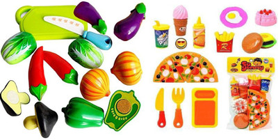 ALLAMWAR Realistic Sliceable Vegetables Cutting Play Toy Set Fast Food Toy Pizza Cutting Play Set with Chopping Board