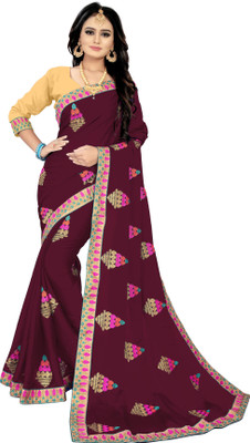 Guru Alankar Embroidered, Woven, Dyed Bollywood Silk Blend, Polyester Saree(Maroon, Pink, Beige)