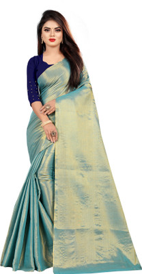SFCS Solid/Plain Bollywood Tissue Saree(Blue)