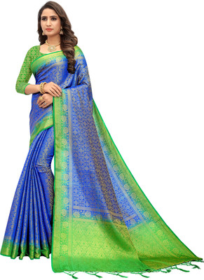 Fancy Fab Woven, Solid/Plain, Striped, Checkered, Temple Border Dharmavaram Jacquard, Cotton Silk Saree(Blue)