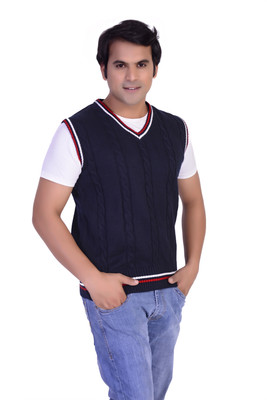Joe Hazel Solid V Neck Casual Men Blue Sweater