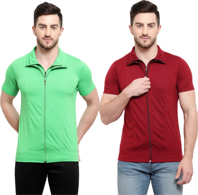 Adorbs Solid Men Polo Neck Maroon, Light Green T-Shirt