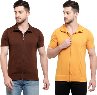 Adorbs Solid Men Polo Neck Brown, Yellow T-Shirt