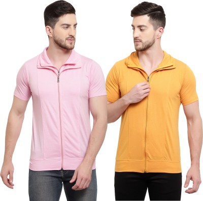 Adorbs Solid Men Polo Neck Pink, Yellow T-Shirt