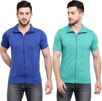 Adorbs Solid Men Polo Neck Blue, Light Green T-Shirt